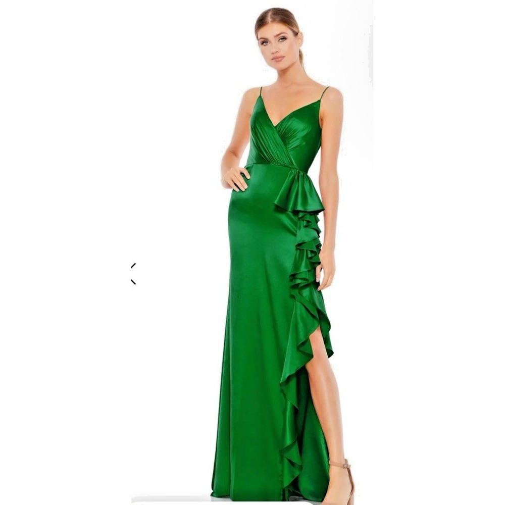 Mac Duggal Size 2 Satin Ruffle Asymmetrical Slit Long Gown Forest Green 67815
